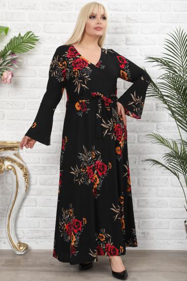 Kadın Siyah Çiçek Baskılı  Kruvaze Yaka Volan Kol Elbise
