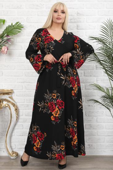 Kadın Siyah Çiçek Baskılı  Kruvaze Yaka Volan Kol Elbise