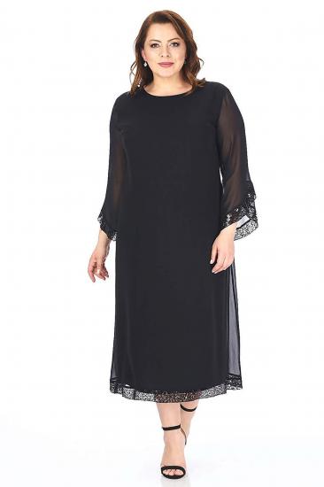 Kadın Büyük Beden Siyah Kol Ve Etek Ucu Pul Payet Garnili Şifon Abiye Elbise