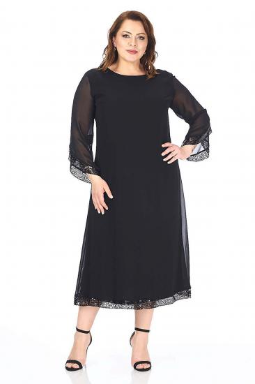 Kadın Büyük Beden Siyah Etek Ve Kol Ucu Pul Payetli Astarlı Şifon Elbise