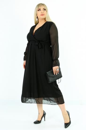Kadın Büyük Beden Siyah Kruvaze Yaka Astarlı Şifon Elbise