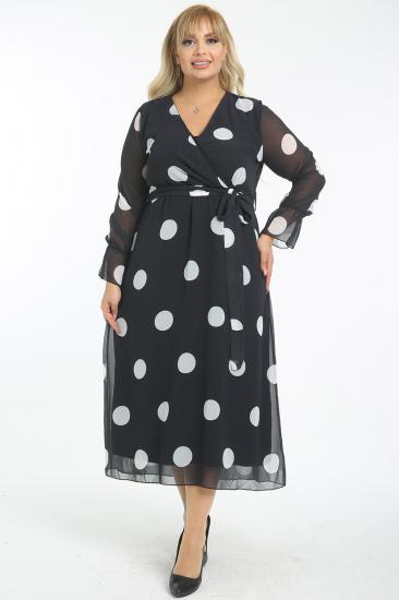 Kadın Büyük Beden Siyah-Beyaz Kruvaze Yaka Astarlı Şifon Elbise
