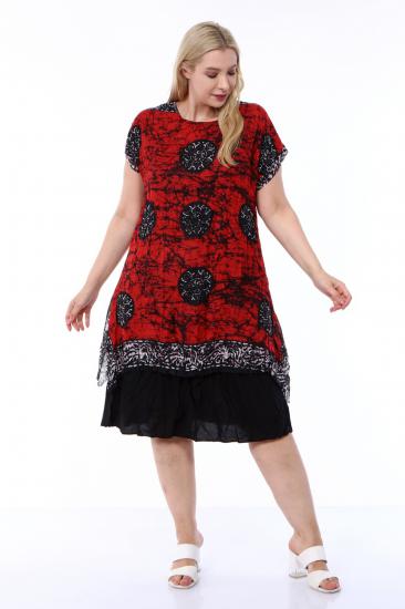 Kadın Büyük Beden Kırmızı Etnik Desenli Tülbent Kumaş Yazlık Elbise