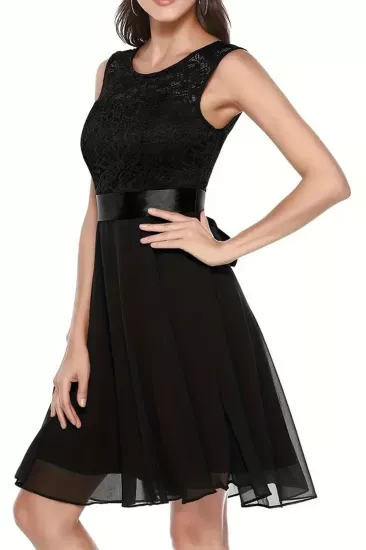 Kadın Büyük Beden Siyah Beli Kurdaleli Kolsuz Midi Elbise