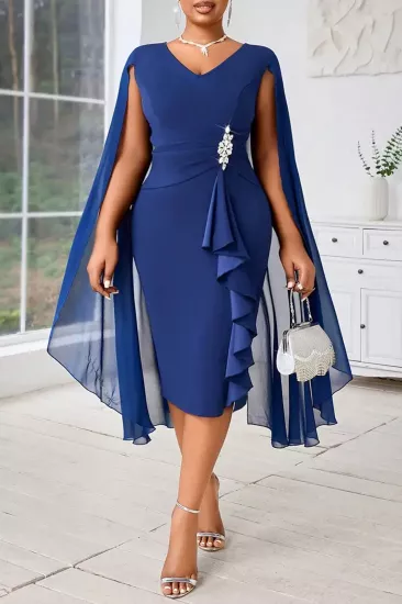 Kadın Lacivert Asimetrik Pelerinli Taşlı Elbise