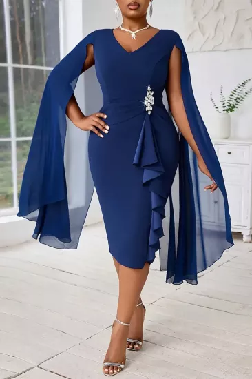 Kadın Lacivert Asimetrik Pelerinli Taşlı Elbise