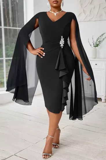 Kadın Siyah Asimetrik Pelerinli Taşlı Elbise