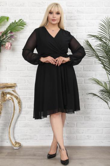 Kadın Büyük Beden Siyah Kruvaze Yaka Astarlı Şifon Elbise