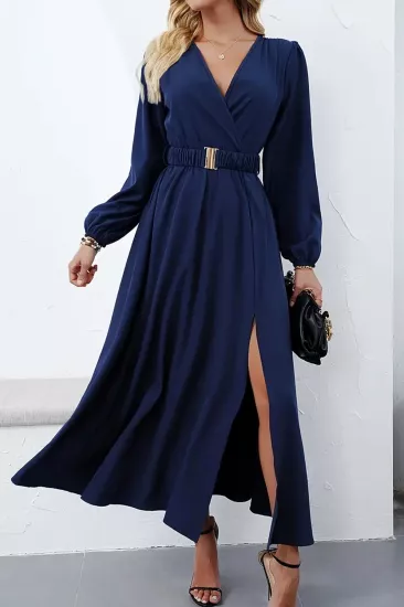  Lacivert Kruvaze Yaka Kol ve Bel Lastik Büzgülü Drapeli Abiye Elbise