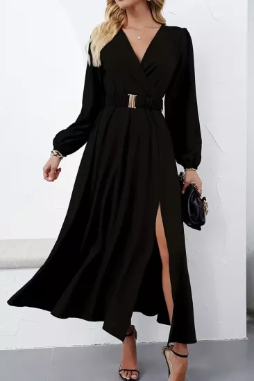 Kadın Siyah Kruvaze Yaka Kol ve Bel Lastik Büzgülü Drapeli Abiye Elbise