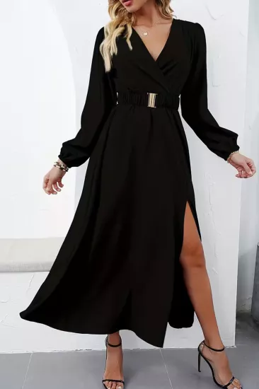 Kadın Siyah Kruvaze Yaka Kol ve Bel Lastik Büzgülü Drapeli Abiye Elbise