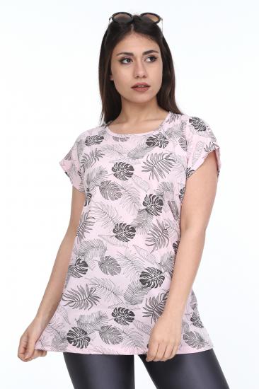 Kadın Büyük Beden Pembe Desenli Günlük T-Shirt