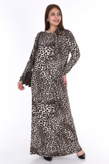 Büyük beden leopar desenli uzun elbise