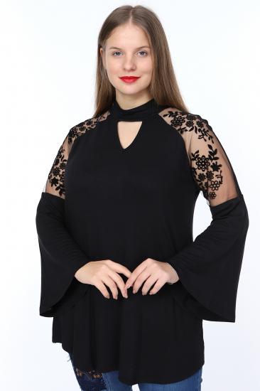 Kadın Büyük Beden Siyah İspanyol Kol Tül Üzeri Kadife Çiçek Desenli Bluz