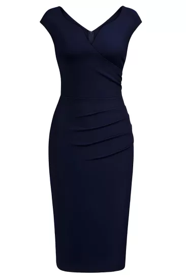 Kadın Büyük Beden Lacivert Kalp Yaka Kalem Midi Elbise