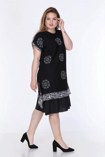 Kadın Büyük Beden Siyah Etnik Desenli Tülbent Kumaş Yazlık Elbise