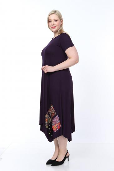 Asimetrik kesim patchwork detaylı bohemian tarz büyükbeden elbise