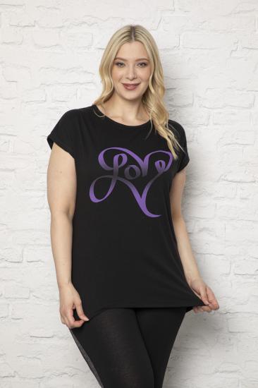 Kadın Büyük Beden Love Baskılı Siyah T-Shirt