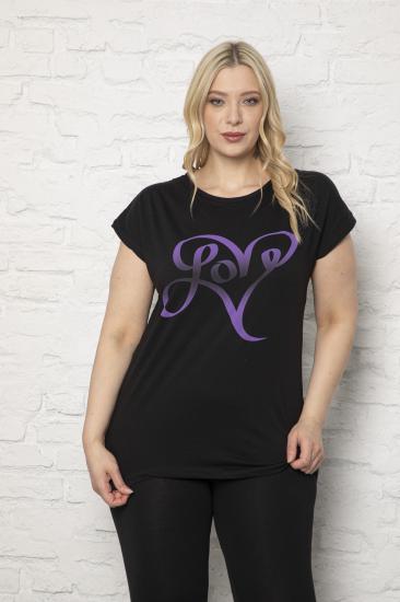 Kadın Büyük Beden Love Baskılı Siyah T-Shirt