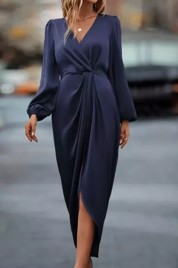 Kadın Lacivert Kruvaze Yaka Kol ve Bel Lastik Büzgülü Drapeli Abiye Elbise