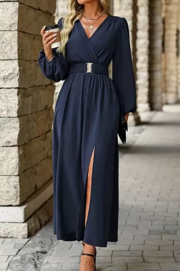  Lacivert Kruvaze Yaka Kol ve Bel Lastik Büzgülü Drapeli Abiye Elbise