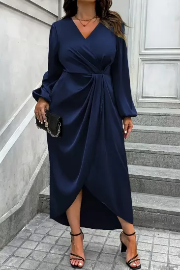 Kadın Lacivert Kruvaze Yaka Kol ve Bel Lastik Büzgülü Drapeli Abiye Elbise
