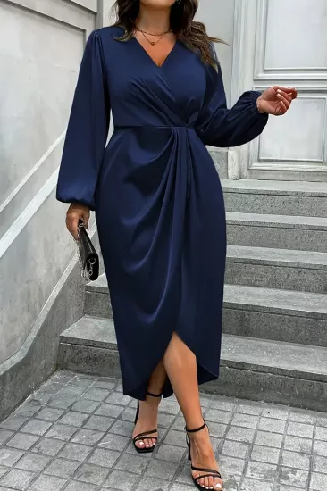 Kadın Lacivert Kruvaze Yaka Kol ve Bel Lastik Büzgülü Drapeli Abiye Elbise