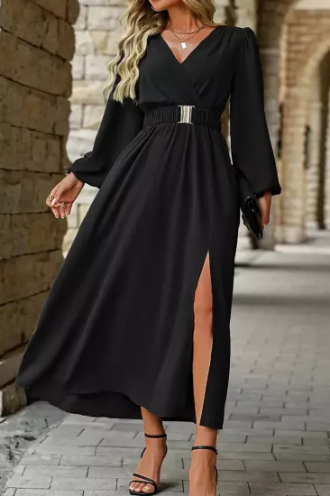 Kadın Siyah Kruvaze Yaka Kol ve Bel Lastik Büzgülü Drapeli Abiye Elbise
