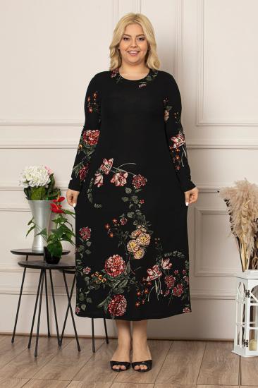 Kadın Siyah Çiçek Desen Uzun Esnek Krep Elbise