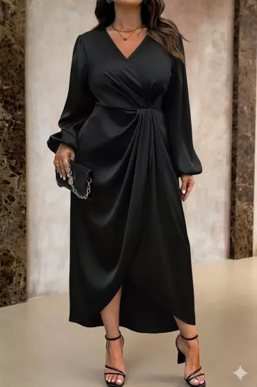Kadın Siyah Kruvaze Yaka Kol ve Bel Lastik Büzgülü Drapeli Abiye Elbise