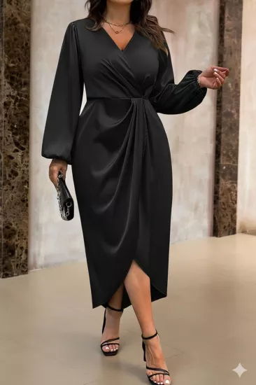 Kadın Siyah Kruvaze Yaka Kol ve Bel Lastik Büzgülü Drapeli Abiye Elbise