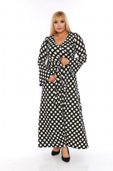 Kadın Büyük Beden Siyah Puantiyeli Kruvaze Yaka Volan Kol Elbise