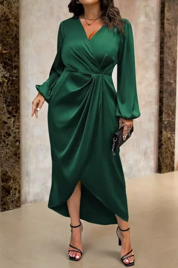 Kadın Zümrüt Yeşili  Kruvaze Yaka Kol ve Bel Lastik Büzgülü Drapeli Abiye Elbise