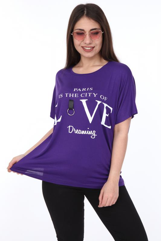 Kadın Büyük Beden Mor Yazı Baskılı Günlük Bluz 