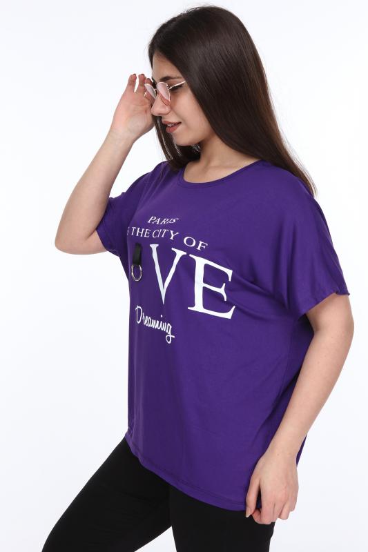 Kadın Büyük Beden Mor Yazı Baskılı Günlük Bluz 