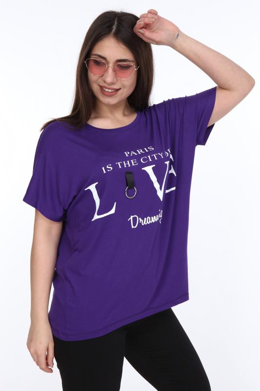 Kadın Büyük Beden Mor Yazı Baskılı Günlük Bluz 