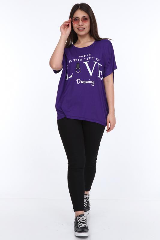 Kadın Büyük Beden Mor Yazı Baskılı Günlük Bluz 